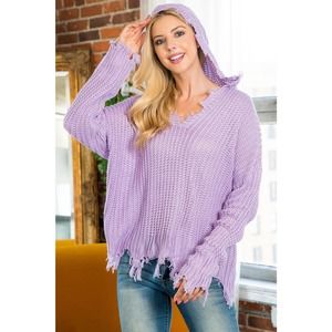 Lavender Tassel Detail Crochet Hooded Sweater